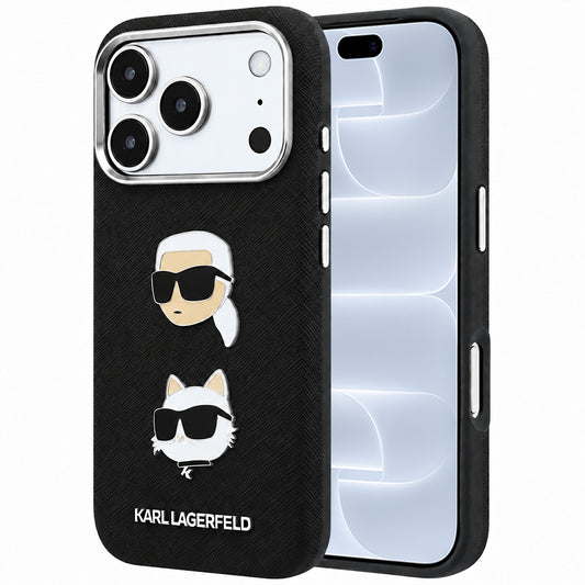 Tok Apple iPhone 18 Pro / 17 Pro készülékhez, Karl Lagerfeld, Saffiano Karl és Choupette fejét ábrázoló kitűzővel és logóval, fekete