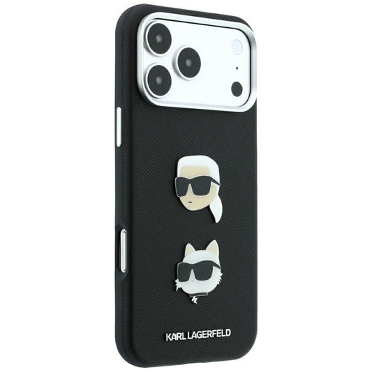 Tok Apple iPhone 18 Pro / 17 Pro készülékhez, Karl Lagerfeld, Saffiano Karl és Choupette fejét ábrázoló kitűzővel és logóval, fekete