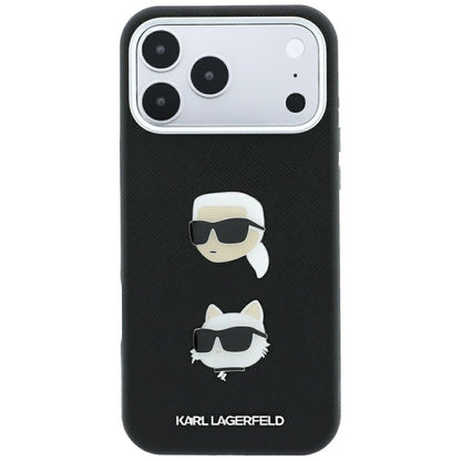 Tok Apple iPhone 18 Pro / 17 Pro készülékhez, Karl Lagerfeld, Saffiano Karl és Choupette fejét ábrázoló kitűzővel és logóval, fekete