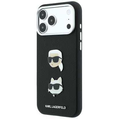 Tok Apple iPhone 18 Pro / 17 Pro készülékhez, Karl Lagerfeld, Saffiano Karl és Choupette fejét ábrázoló kitűzővel és logóval, fekete
