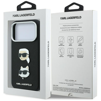 Tok Apple iPhone 18 Pro / 17 Pro készülékhez, Karl Lagerfeld, Saffiano Karl és Choupette fejét ábrázoló kitűzővel és logóval, fekete