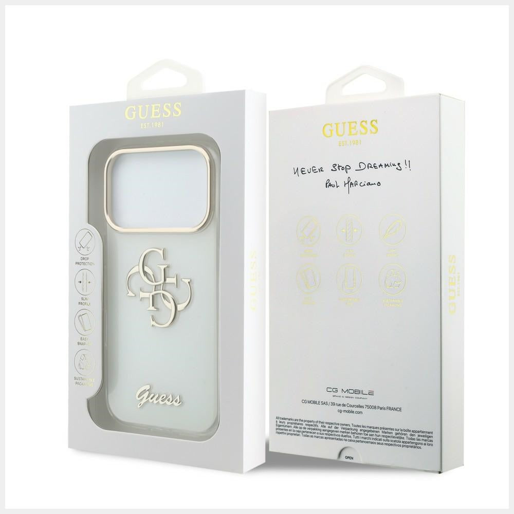 Tok Apple iPhone 18 Pro-hoz, Guess, IML 4G Metal Script, Fehér