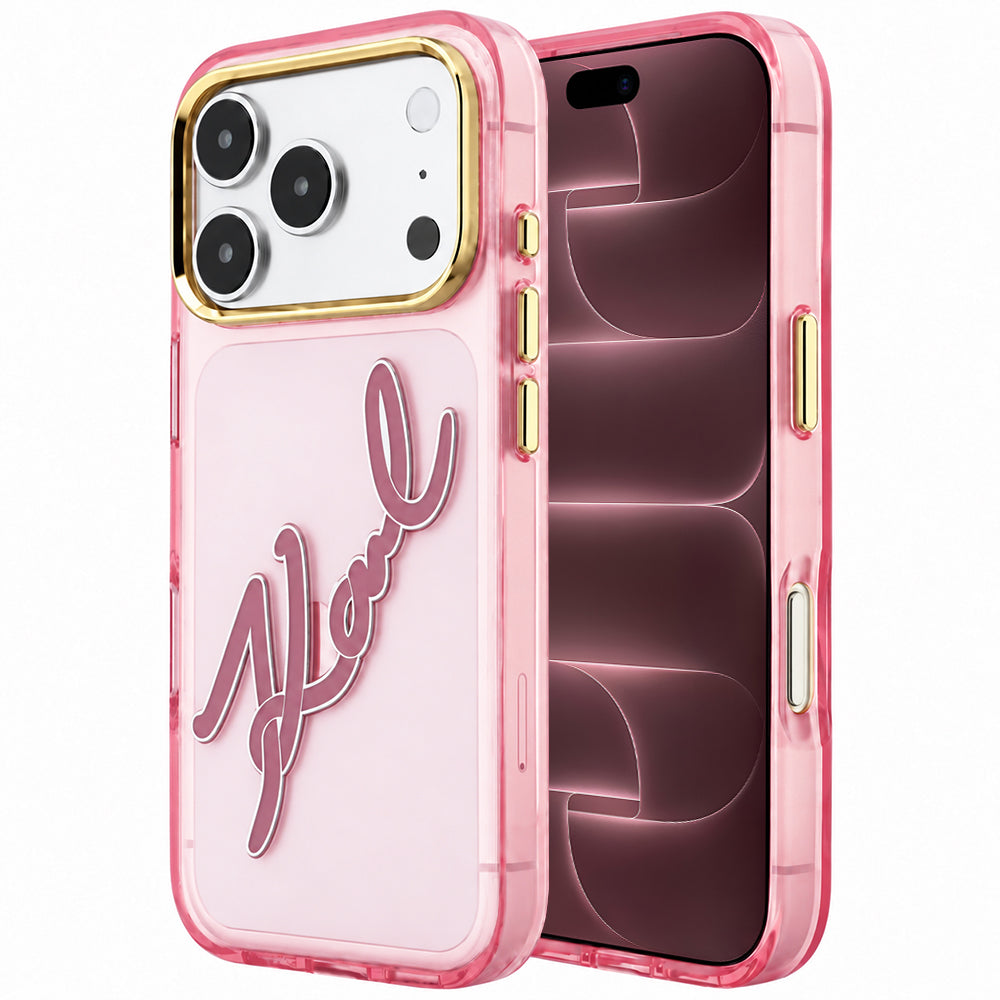Tok Apple iPhone 18 Pro Max / 17 Pro Max készülékhez, Karl Lagerfeld, IML Nagy Aláírás Gyanta Logó Fémkeret, Rózsaszín