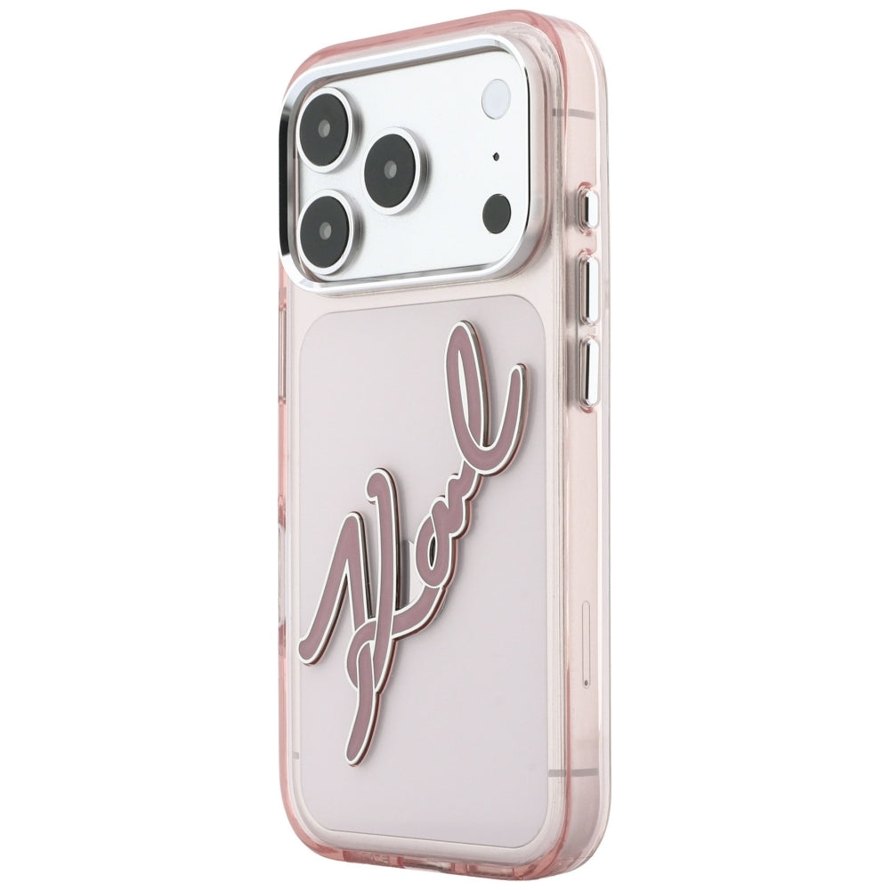 Tok Apple iPhone 18 Pro Max / 17 Pro Max készülékhez, Karl Lagerfeld, IML Nagy Aláírás Gyanta Logó Fémkeret, Rózsaszín