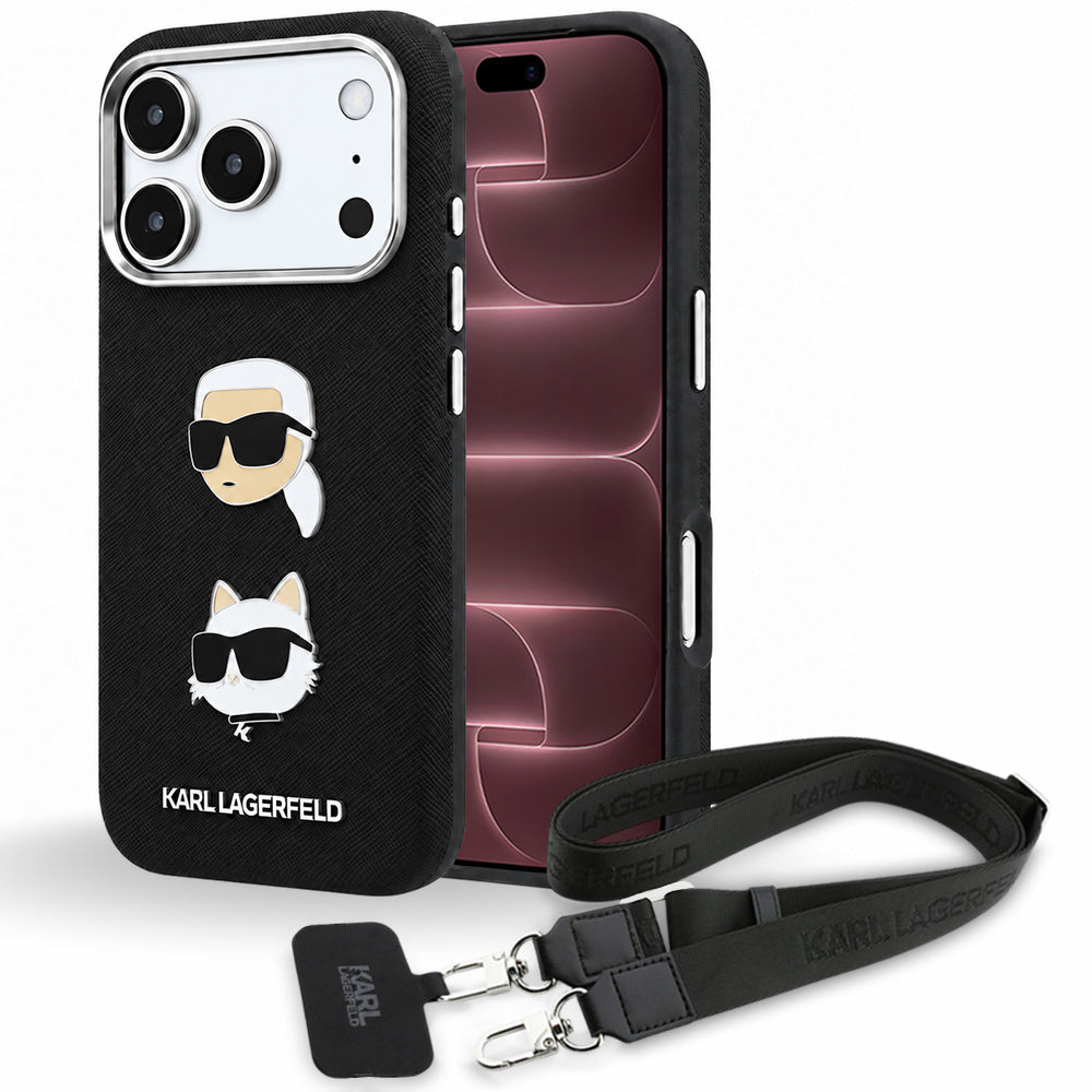 Case for Apple iPhone 18 Pro Max / 17 Pro Max, Karl Lagerfeld, Saffiano Crossbody Karl & Choupette Head's Pins Logo, Black