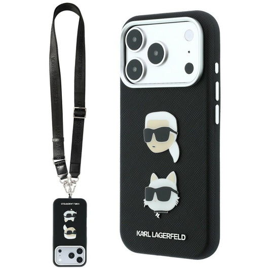 Tok Apple iPhone 18 Pro Max / 17 Pro Max készülékhez, Karl Lagerfeld, Saffiano Crossbody Karl & Choupette Head's Pins Logo, fekete