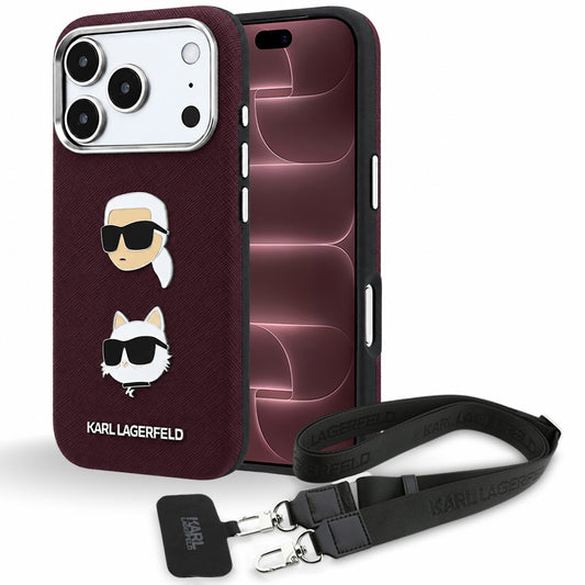 Tok Apple iPhone 18 Pro Max / 17 Pro Max készülékhez, Karl Lagerfeld, Saffiano Crossbody Karl & Choupette Head's Pins Logo, bordó