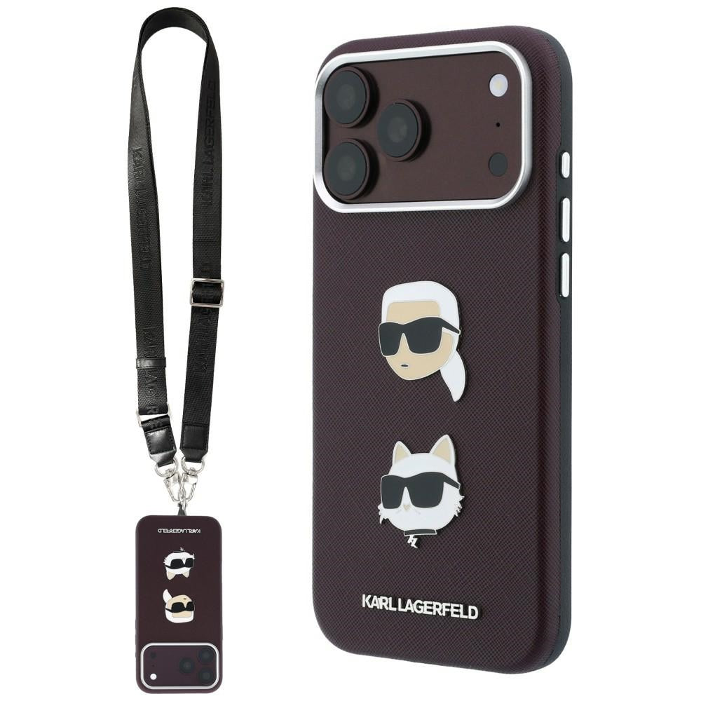 Case for Apple iPhone 18 Pro Max / 17 Pro Max, Karl Lagerfeld, Saffiano Crossbody Karl & Choupette Head's Pins Logo, Burgundy