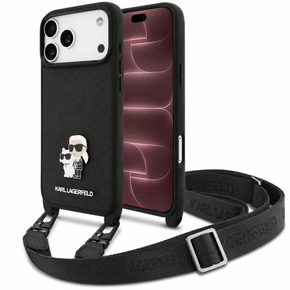 Tok Apple iPhone 18 Pro Max / 17 Pro Max készülékhez, Karl Lagerfeld, Saffiano Crossbody Metal Pin Karl & Choupette, fekete