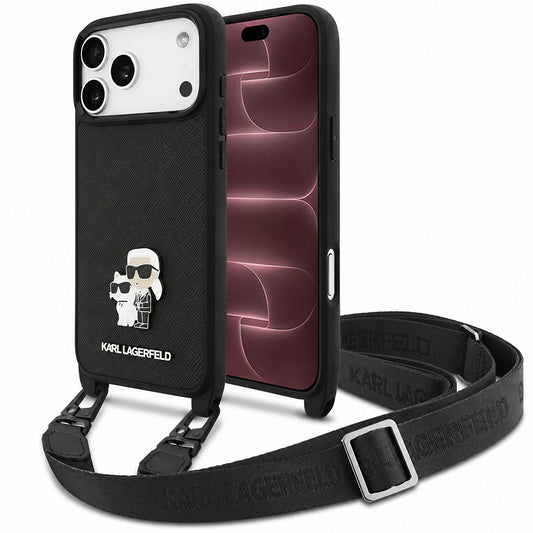 Tok Apple iPhone 18 Pro Max / 17 Pro Max készülékhez, Karl Lagerfeld, Saffiano Crossbody Metal Pin Karl & Choupette, fekete