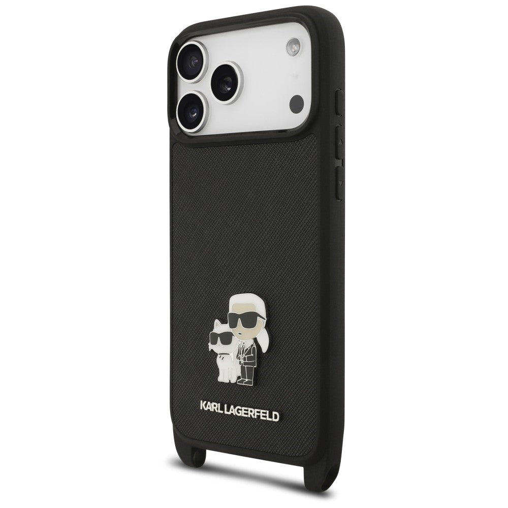 Tok Apple iPhone 18 Pro Max / 17 Pro Max készülékhez, Karl Lagerfeld, Saffiano Crossbody Metal Pin Karl & Choupette, fekete