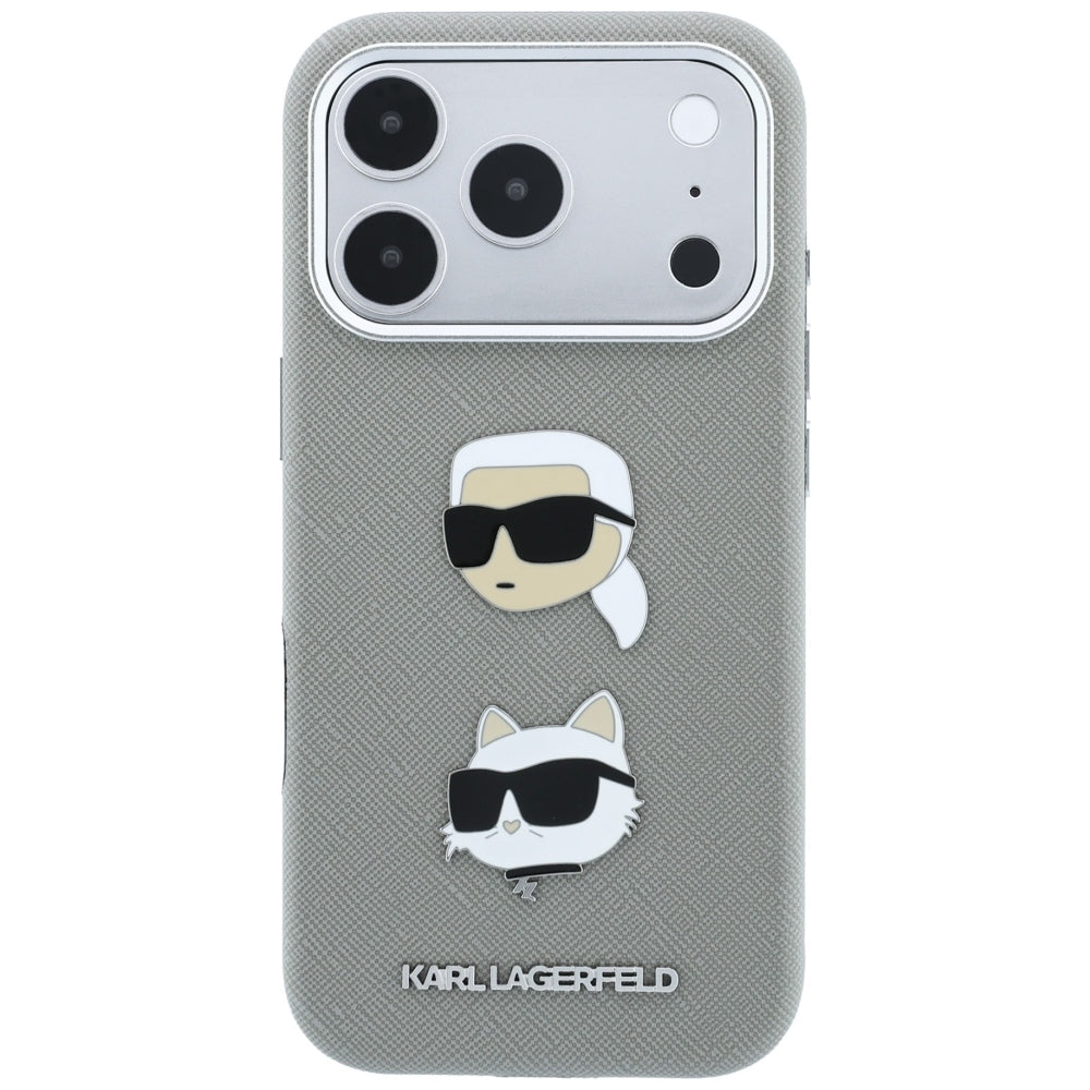 Tok Apple iPhone 18 Pro Max / 17 Pro Max készülékhez, Karl Lagerfeld, Saffiano Karl és Choupette fejét ábrázoló kitűzővel és logóval, szürke