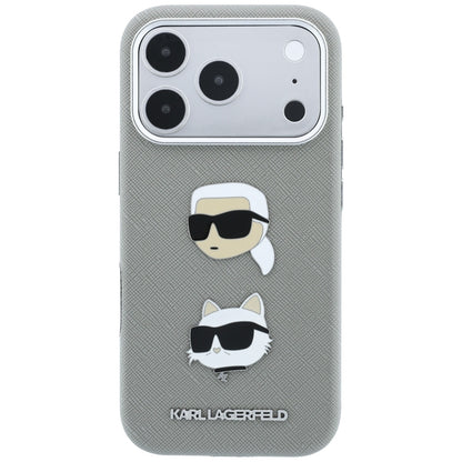 Tok Apple iPhone 18 Pro Max / 17 Pro Max készülékhez, Karl Lagerfeld, Saffiano Karl és Choupette fejét ábrázoló kitűzővel és logóval, szürke