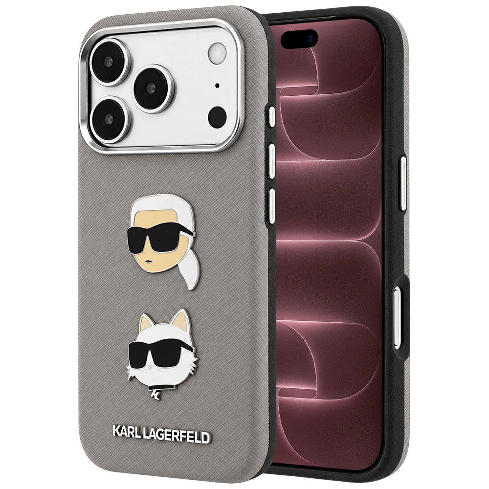 Tok Apple iPhone 18 Pro Max / 17 Pro Max készülékhez, Karl Lagerfeld, Saffiano Karl és Choupette fejét ábrázoló kitűzővel és logóval, szürke