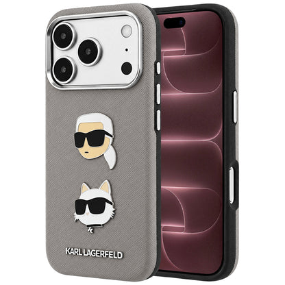 Tok Apple iPhone 18 Pro Max / 17 Pro Max készülékhez, Karl Lagerfeld, Saffiano Karl és Choupette fejét ábrázoló kitűzővel és logóval, szürke