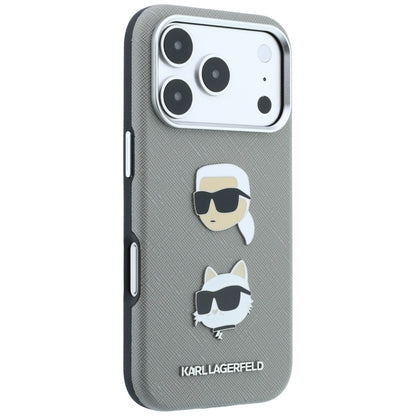 Tok Apple iPhone 18 Pro Max / 17 Pro Max készülékhez, Karl Lagerfeld, Saffiano Karl és Choupette fejét ábrázoló kitűzővel és logóval, szürke