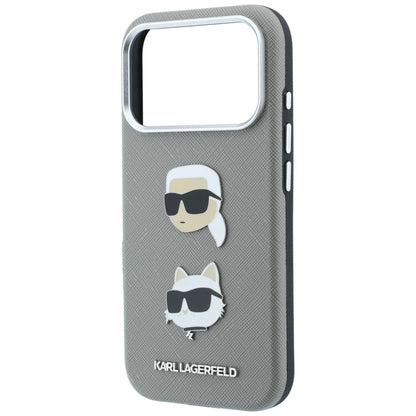 Tok Apple iPhone 18 Pro Max / 17 Pro Max készülékhez, Karl Lagerfeld, Saffiano Karl és Choupette fejét ábrázoló kitűzővel és logóval, szürke