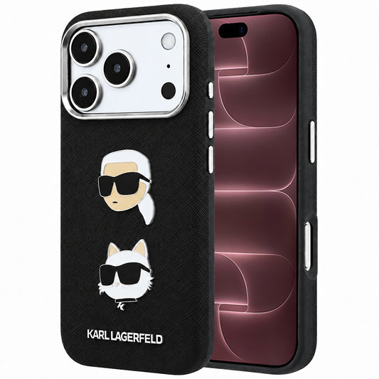 Tok Apple iPhone 18 Pro Max / 17 Pro Max számára, Karl Lagerfeld, Saffiano Karl & Choupette fejjel díszített kitűzővel és logóval, fekete