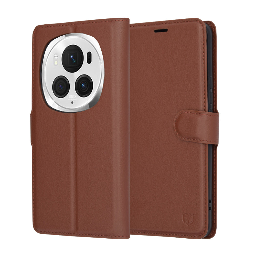Tok Honor Magic6 Pro-hoz, Techsuit, bőr folio, barna