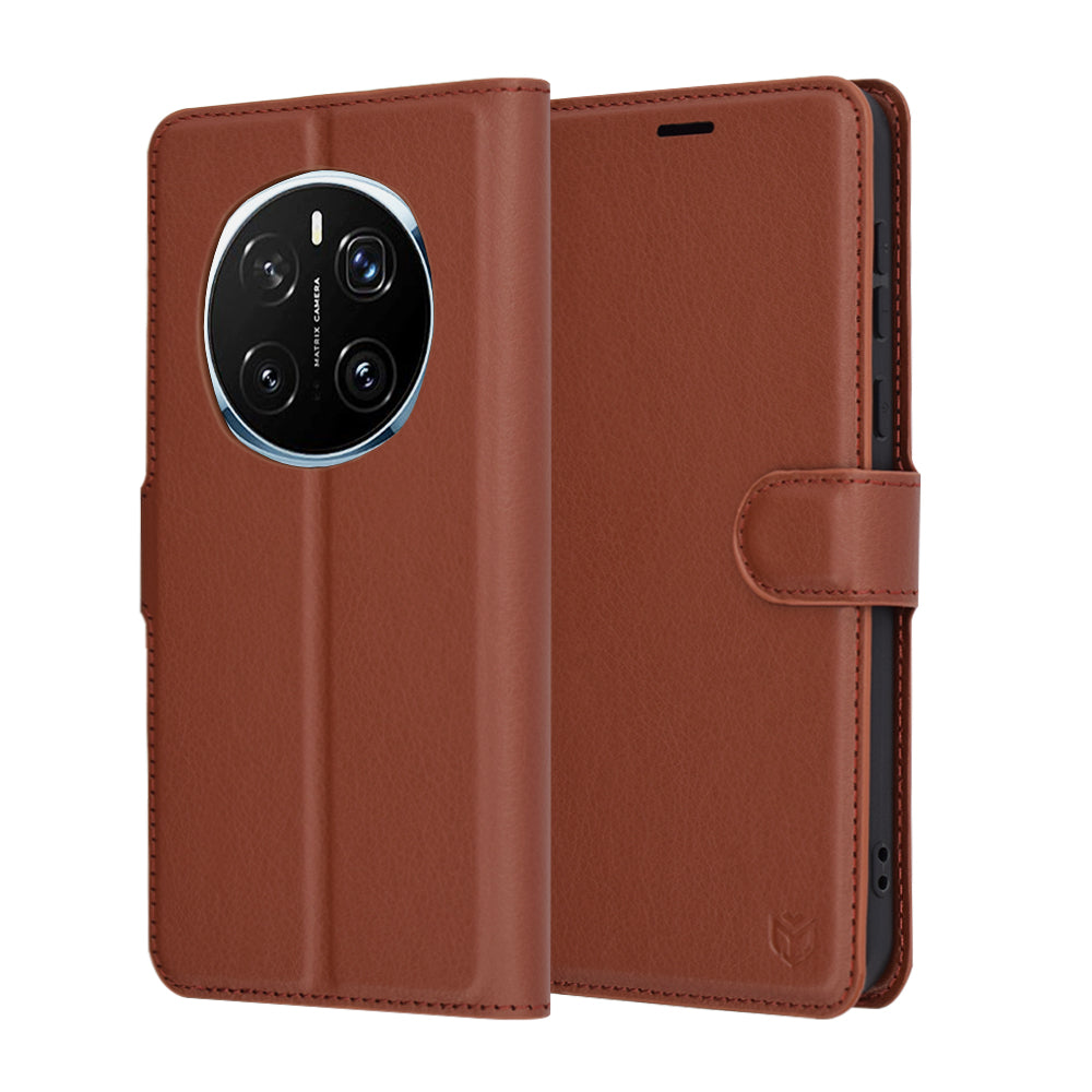 Tok Honor Magic7 Pro-hoz, Techsuit, bőr folio, barna