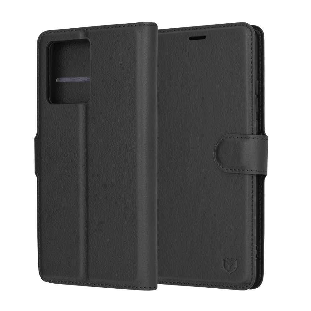 Tok a Motorola Moto G86-hoz, Techsuit, bőr folio, fekete