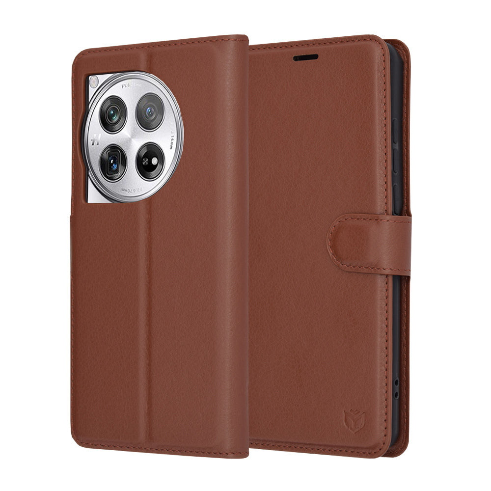 Tok OnePlus 12-hez, Techsuit, bőr folio, barna