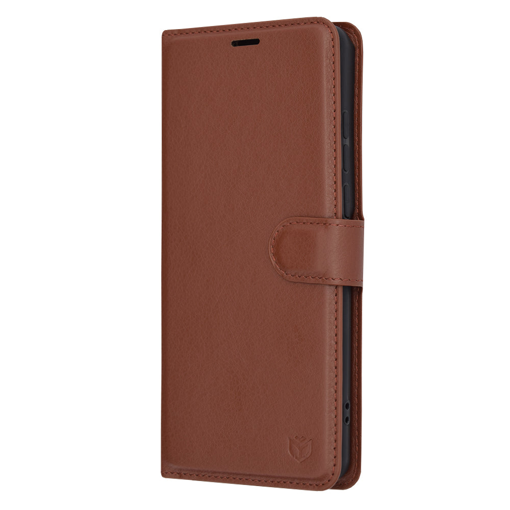 Tok OnePlus 12-hez, Techsuit, bőr folio, barna