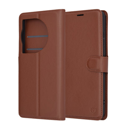 Tok OnePlus 12-hez, Techsuit, bőr folio, barna