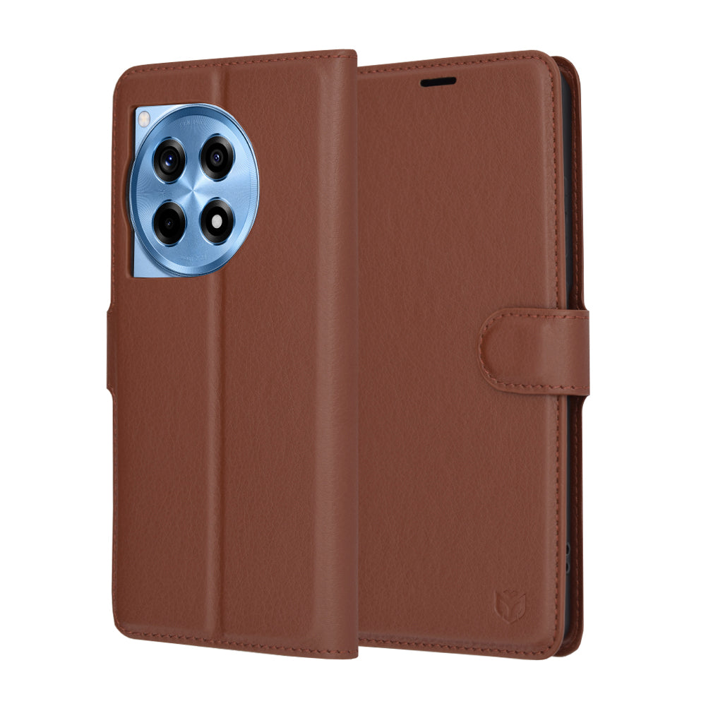 Tok OnePlus 12R-hez, Techsuit, bőr folio, barna