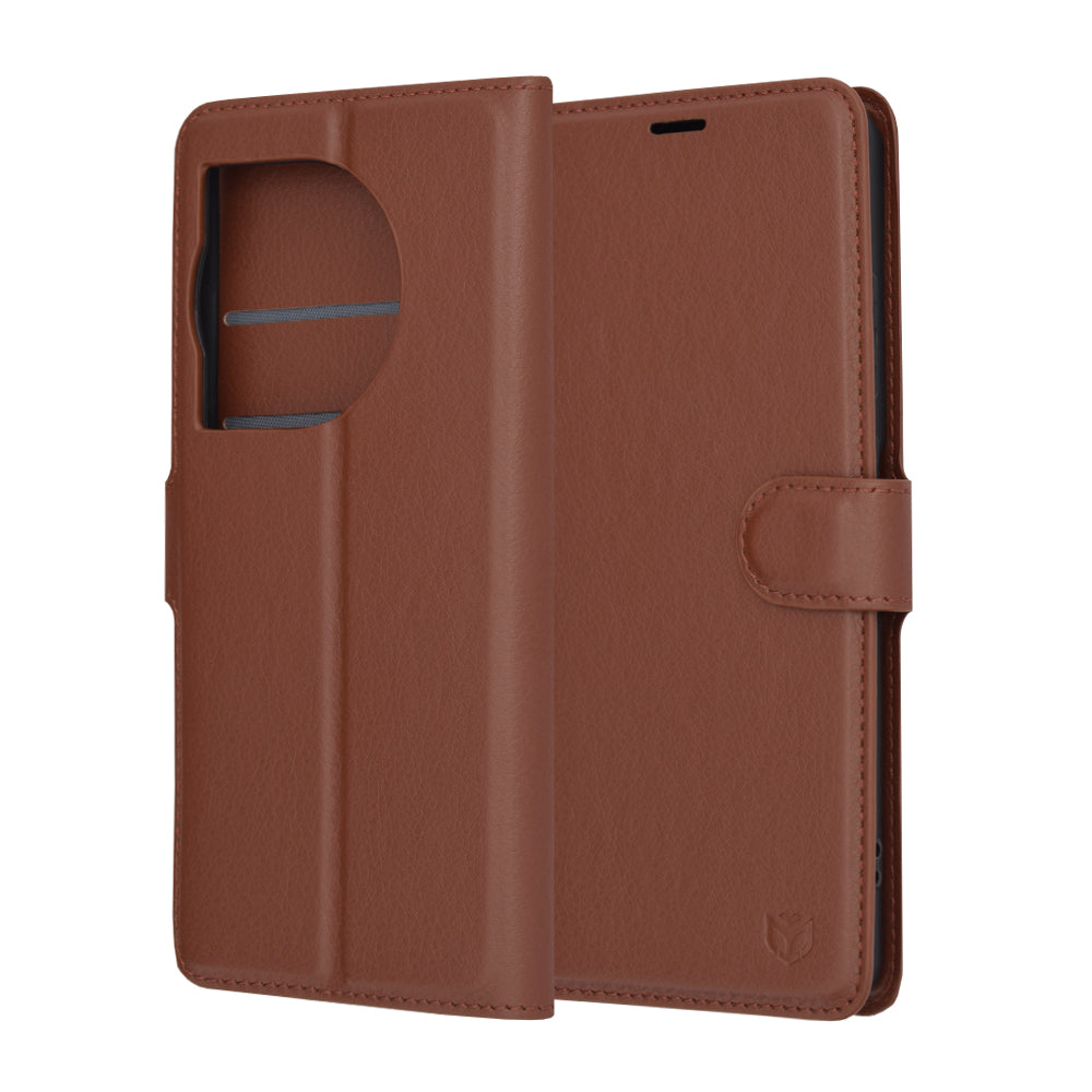 Tok OnePlus 12R-hez, Techsuit, bőr folio, barna