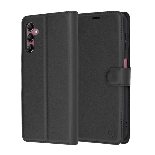 Tok Samsung Galaxy A14 A145 / A14 5G A146-hoz, Techsuit, bőr folio, fekete