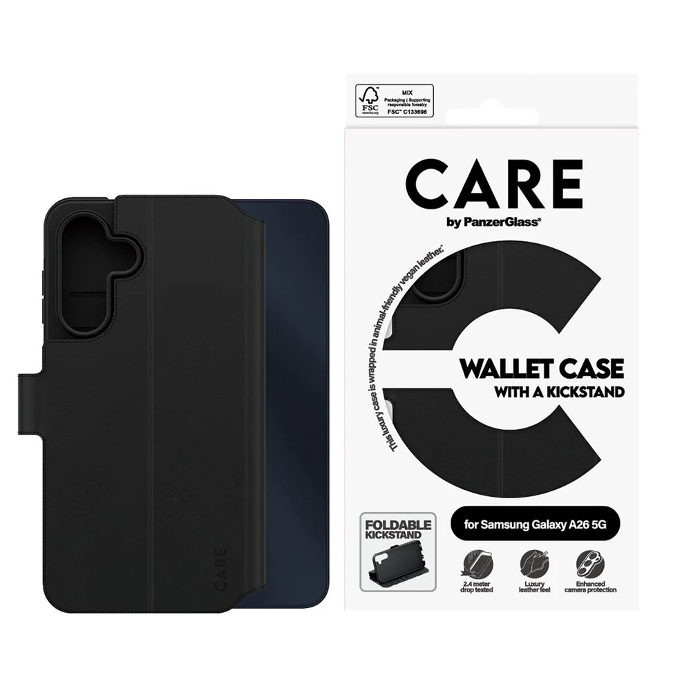 Tok Samsung Galaxy A26 A266-hoz, PanzerGlass, állványos pénztárca funkcióval, fekete