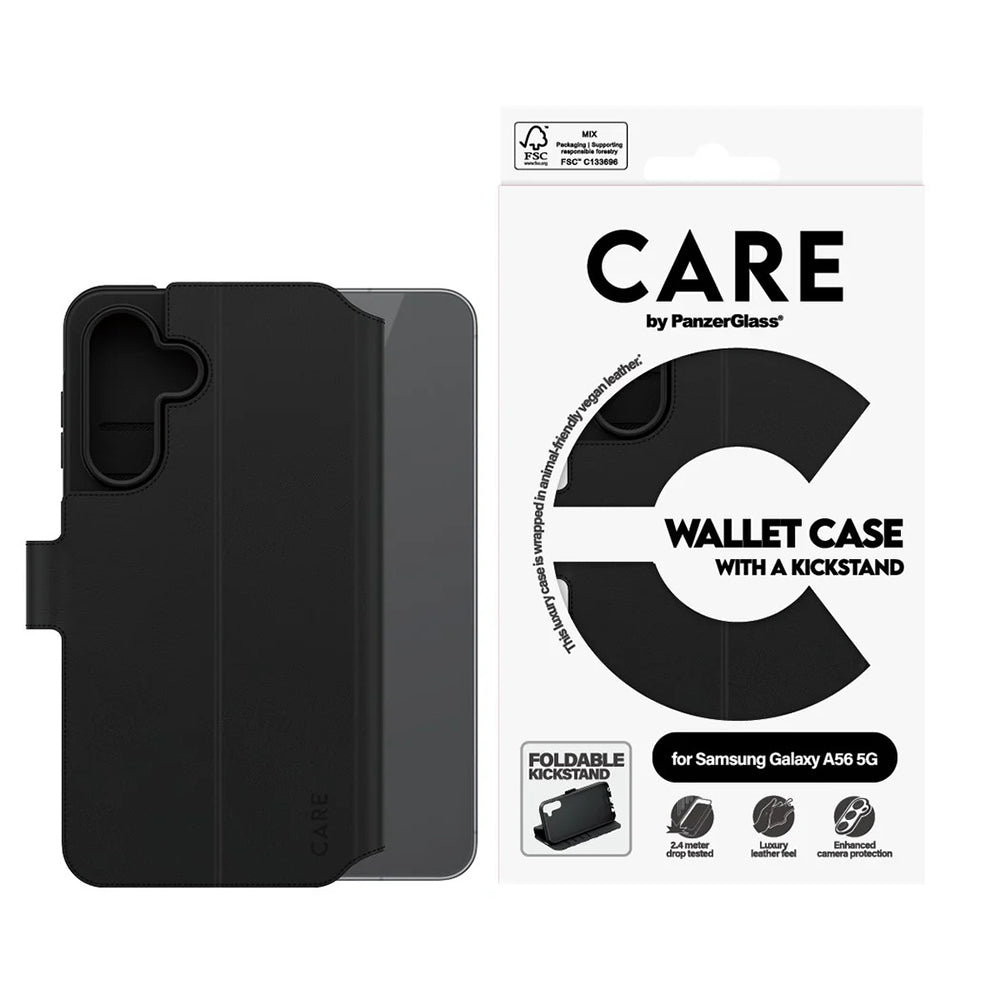 Tok Samsung Galaxy A56 A566-hoz, PanzerGlass, Care Feature Kickstand Wallet, Fekete