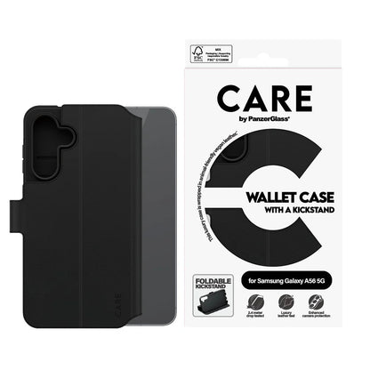 Tok Samsung Galaxy A56 A566-hoz, PanzerGlass, Care Feature Kickstand Wallet, Fekete