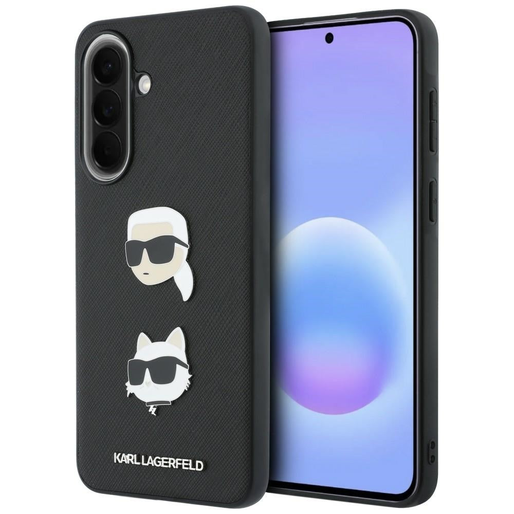 Tok Samsung Galaxy A57 5G-hez, Karl Lagerfeld, Grained Karl & Choupette fejjel díszített kitűzők és logó, fekete