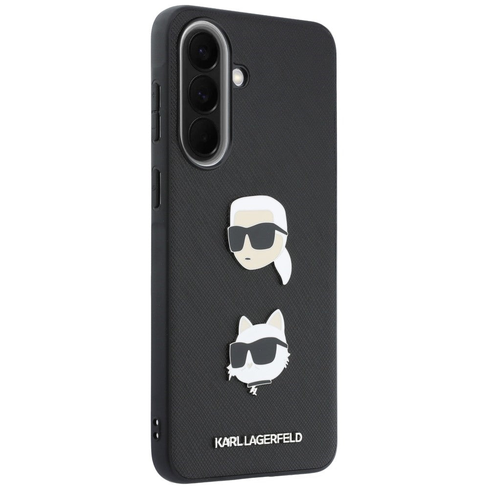 Tok Samsung Galaxy A57 5G-hez, Karl Lagerfeld, Grained Karl & Choupette fejjel díszített kitűzők és logó, fekete
