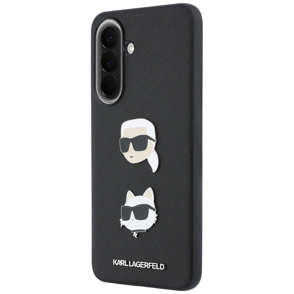 Tok Samsung Galaxy A57 5G-hez, Karl Lagerfeld, Grained Karl & Choupette fejjel díszített kitűzők és logó, fekete