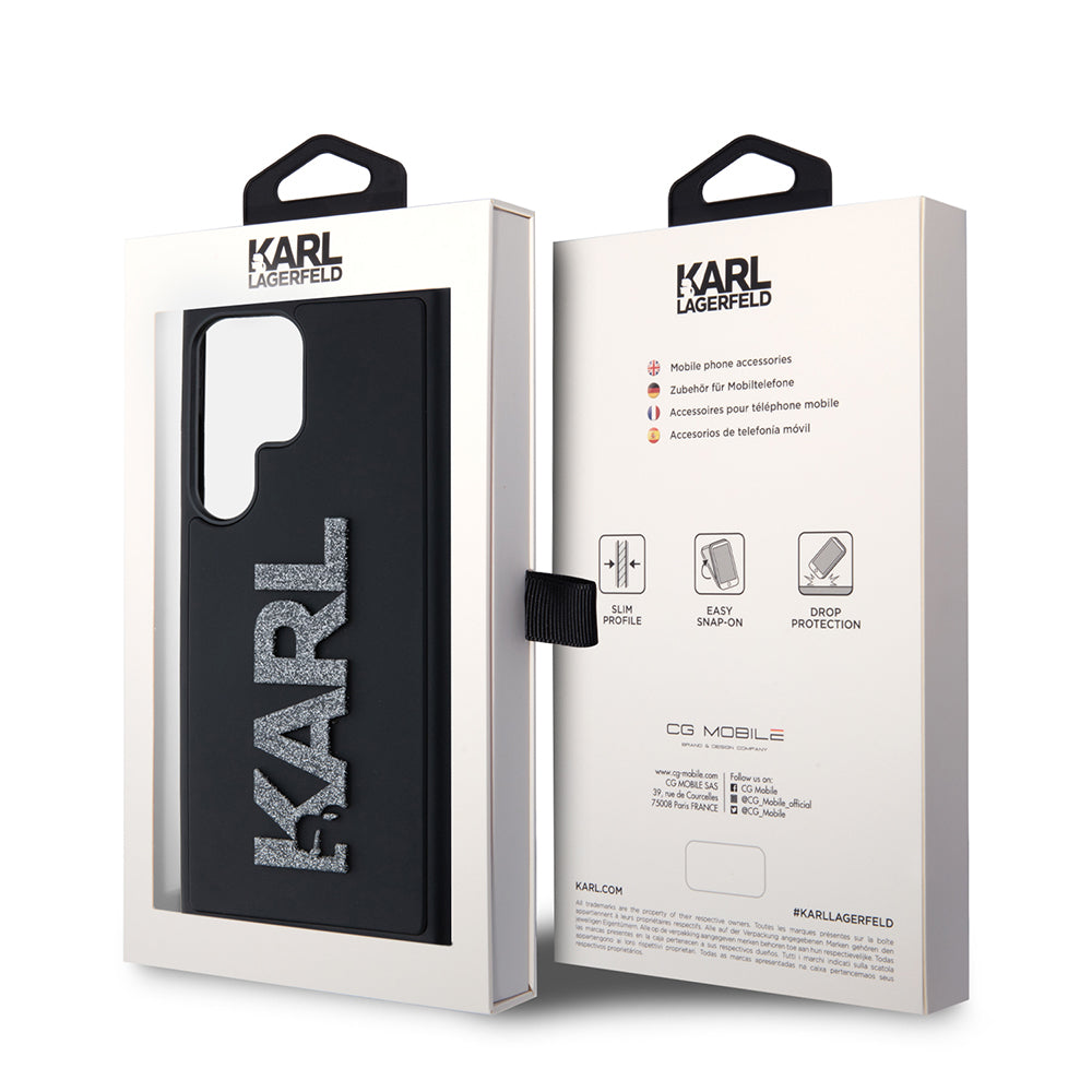 Tok Samsung Galaxy S23 Ultra S918-hoz, Karl Lagerfeld, 3D Rubber Glitter Logo, Fekete