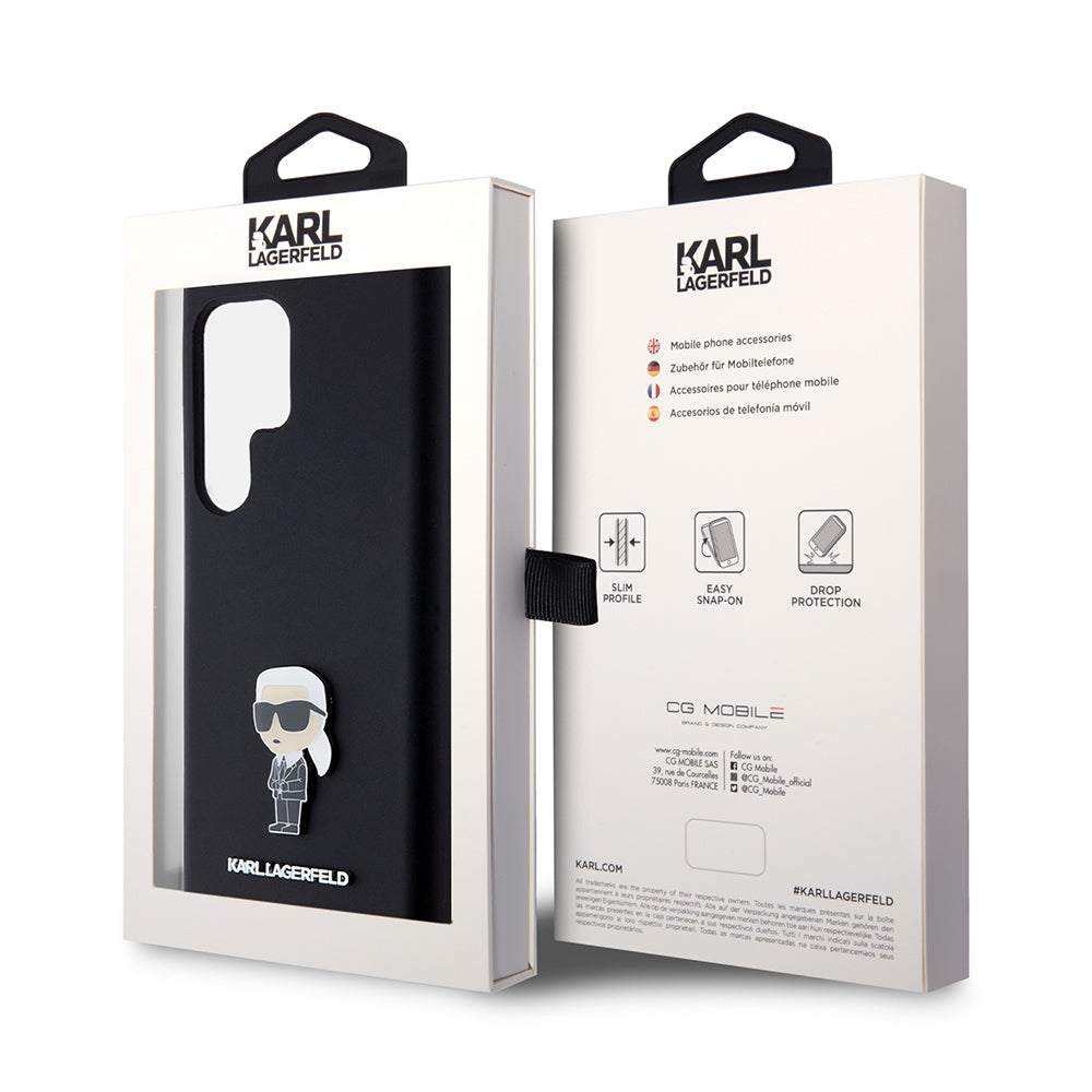 Tok Samsung Galaxy S23 Ultra S918-hoz, Karl Lagerfeld, Silicone Ikonik Karl Metal, Fekete