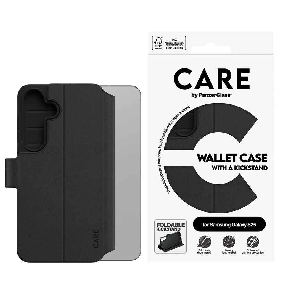 Tok Samsung Galaxy S25 S931-hez, PanzerGlass, Care Feature Kickstand Wallet, Fekete