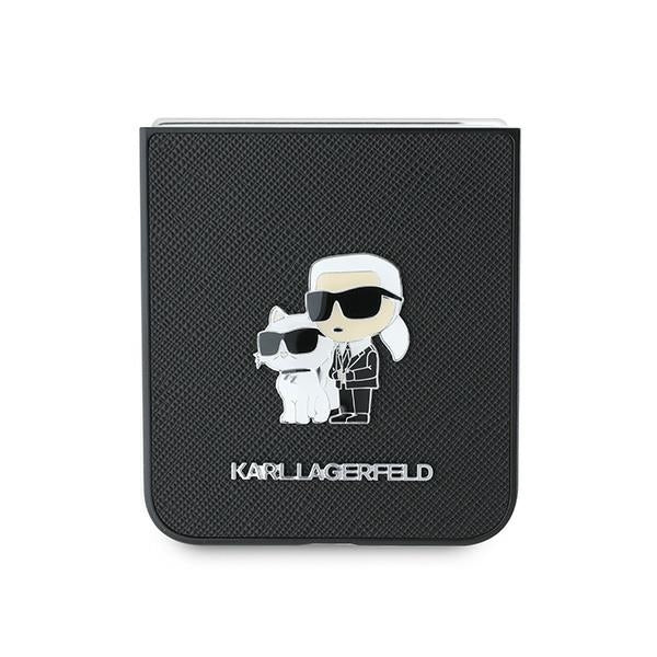 Case for Samsung Galaxy Z Flip7 FE F761 / Z Flip6 F741, Karl Lagerfeld, Saffiano Karl & Choupette Metal, Black