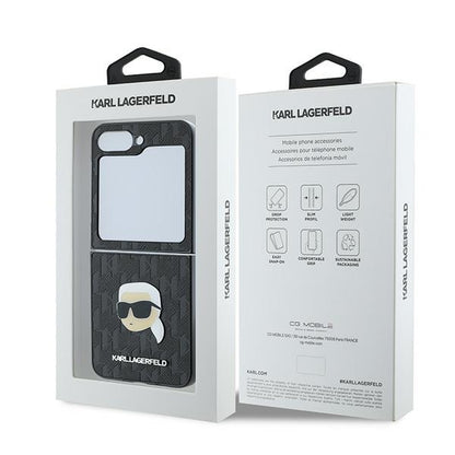 Case for Samsung Galaxy Z Flip7 FE F761 / Z Flip6 F741, Karl Lagerfeld, Saffiano Monogram Karl's Head Metal, Black