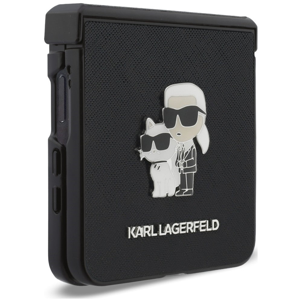 Tok Samsung Galaxy Z Flip8 F776-hez, Karl Lagerfeld, Saffiano Karl & Choupette fém tű, Fekete