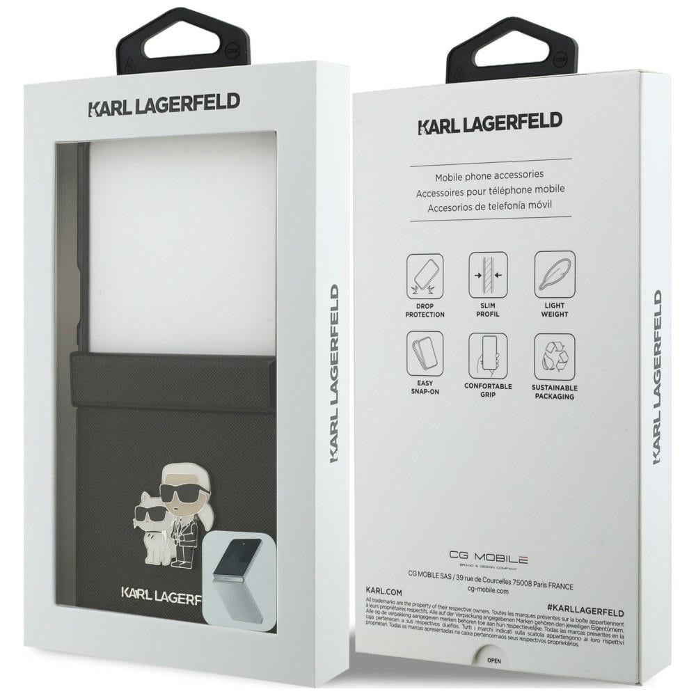 Tok Samsung Galaxy Z Flip8 F776-hez, Karl Lagerfeld, Saffiano Karl & Choupette fém tű, Fekete