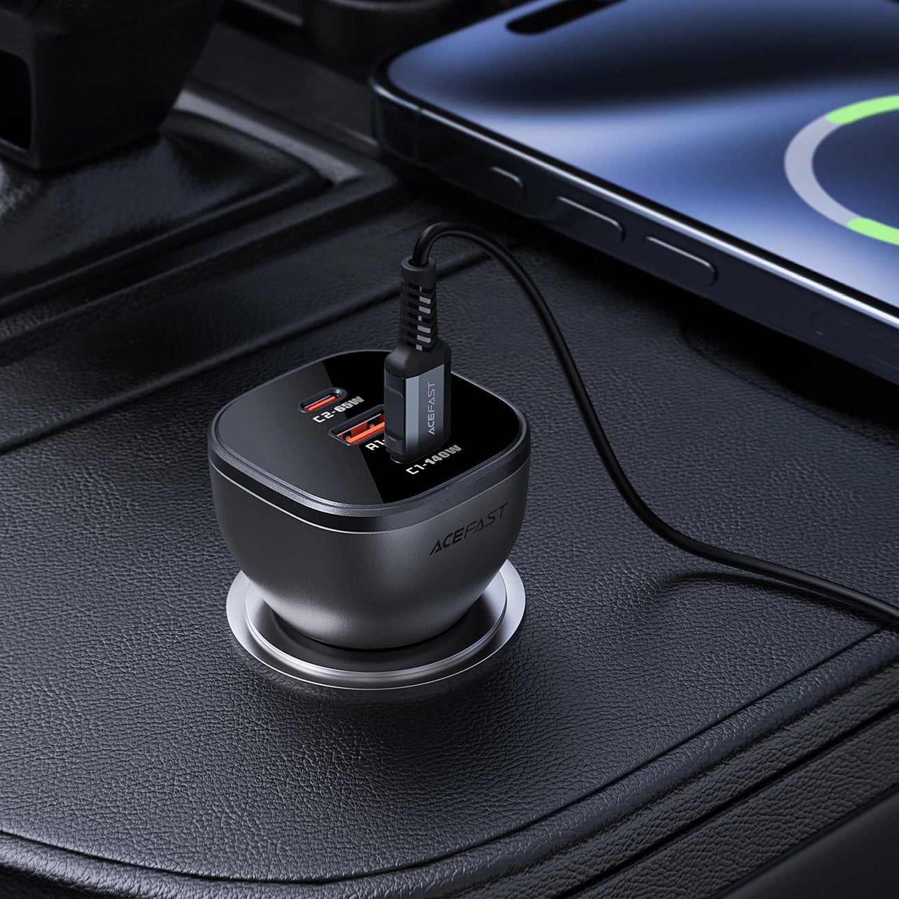 Acefast B14 autós töltő, 165W, 5A, 1 x USB-A - 2 x USB-C, Fekete