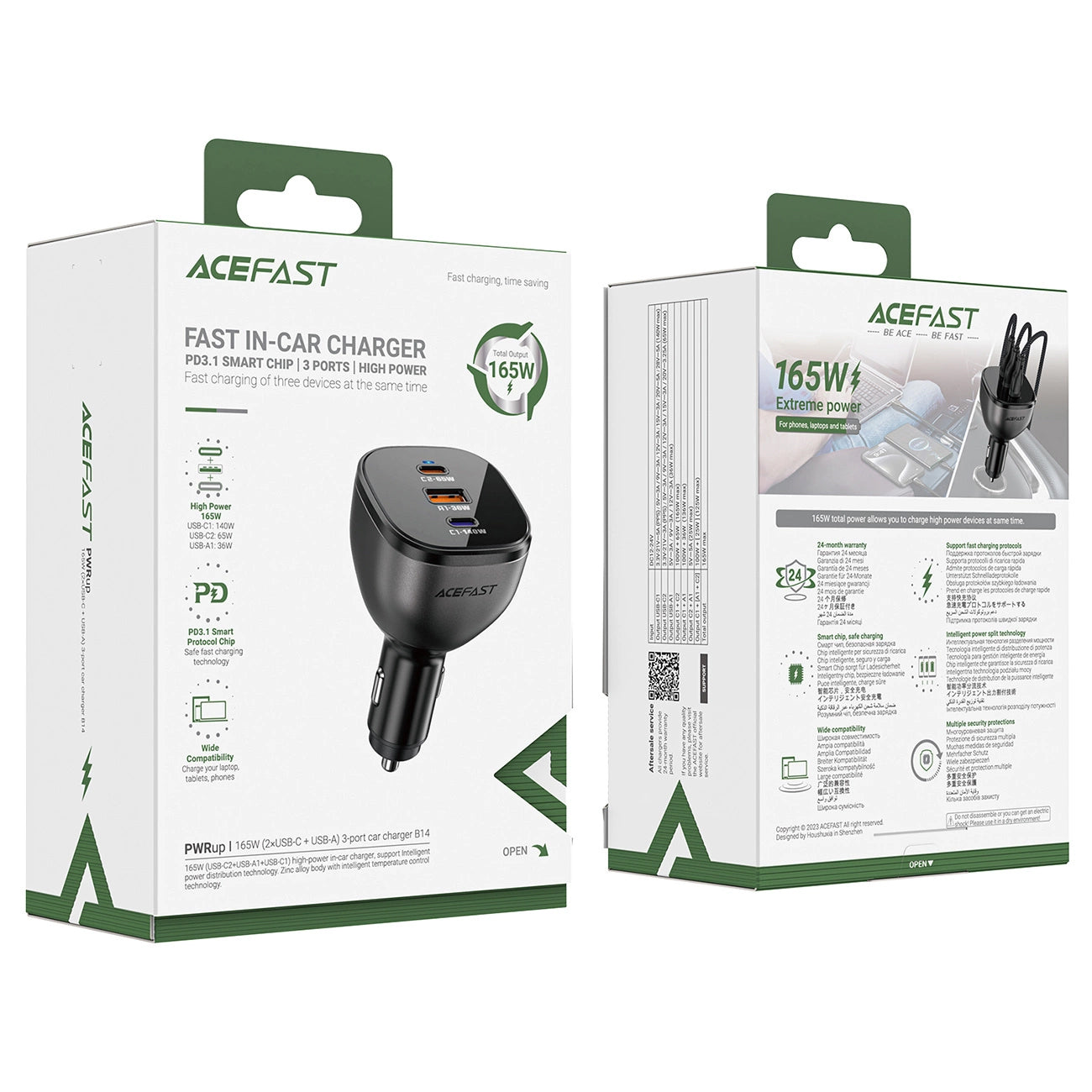 Acefast B14 autós töltő, 165W, 5A, 1 x USB-A - 2 x USB-C, Fekete