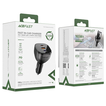 Acefast B14 autós töltő, 165W, 5A, 1 x USB-A - 2 x USB-C, Fekete
