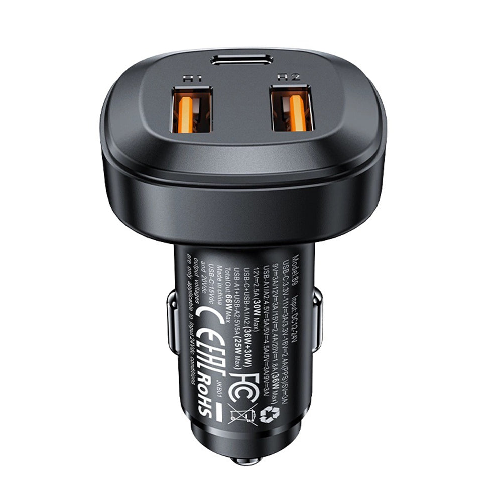Acefast B9 Car Charger, 66W, 5A, 2 x USB-A - 1 x USB-C, Black