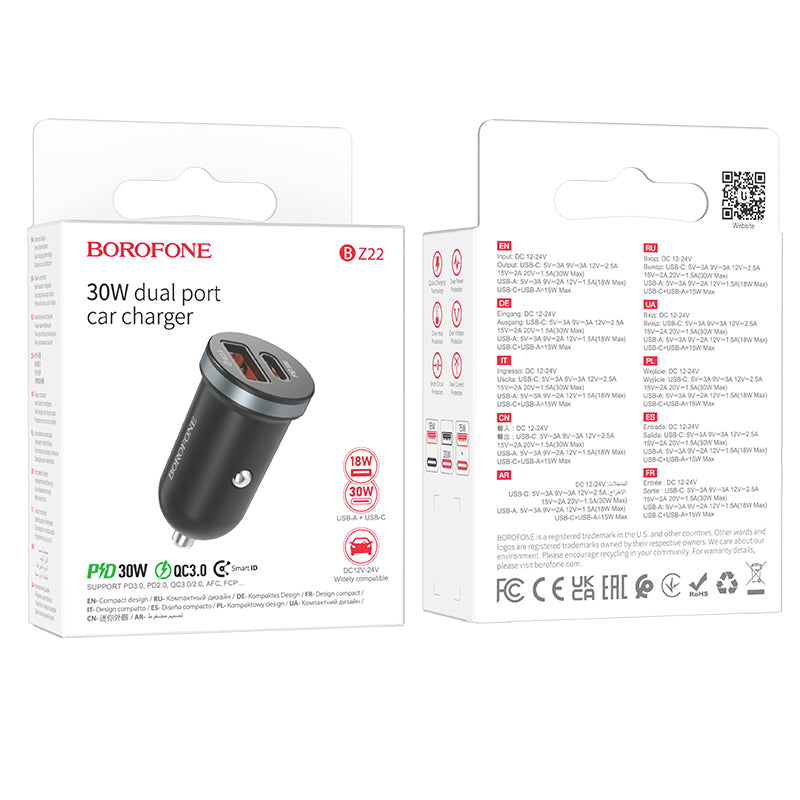 Autótöltő Borofone BZ22 Scenery, 30W, 3A, 1 x USB-A - 1 x USB-C, Fekete 