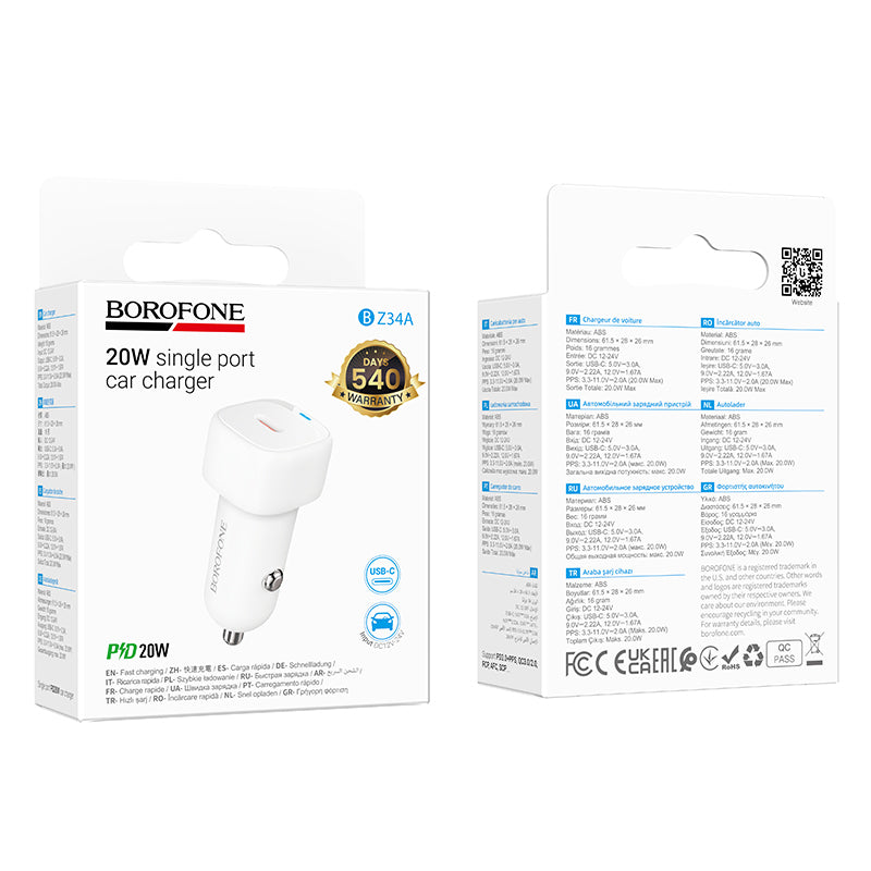 Borofone BZ34A Cloud autós töltő, 20W, 3A, 1 x USB-C, Fehér